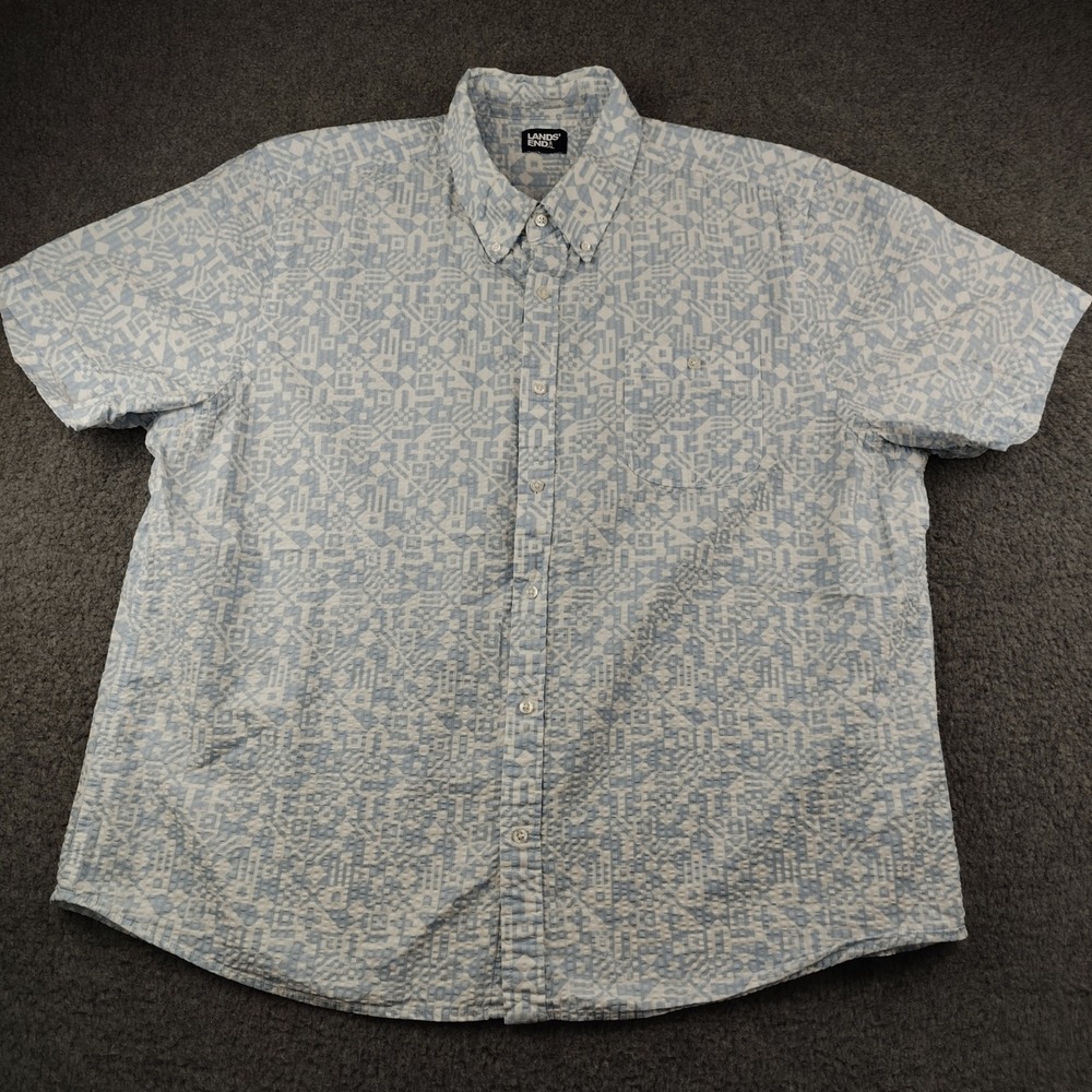Lands End Button Down Shirt Mens 2XL XXL Seersucker Geometric Blue Cotton EUC